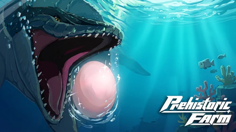 Official Prehistoric Farm artwork showing a Roblox character and a giant sea reptile